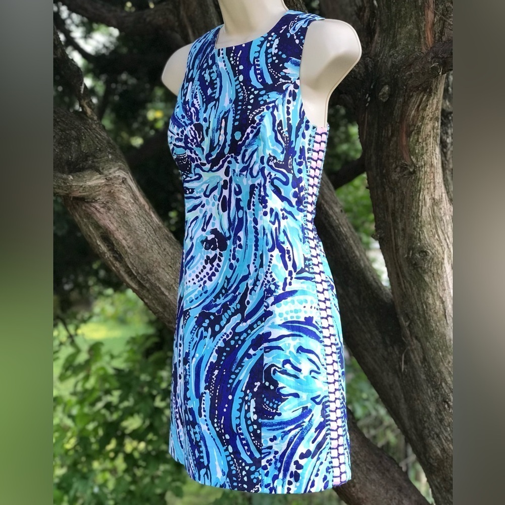 LILLY PULITZER Mila Blue Pink White Swirl Design Cotton Sheath Dress Size 00 - Picture 1 of 16